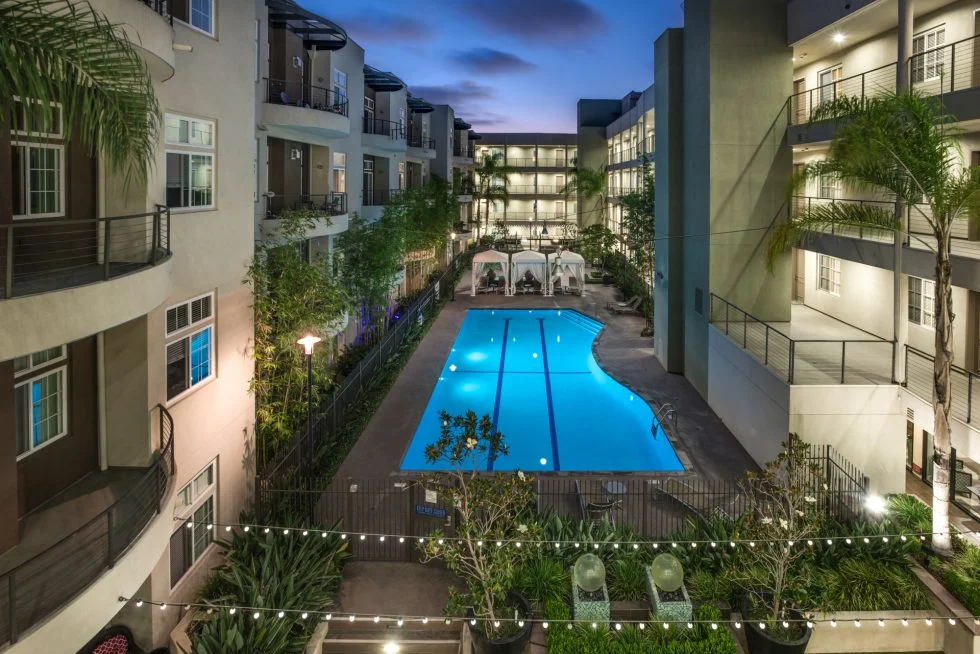 Swimming pool in between apartment buildings
